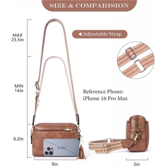 Triple Zip Small Crossbody Bag for women, Brown - Picture 5 of 6